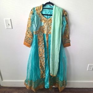 Mint Blue and Gold Heavy Designer Embroidered Lehenga/Pant Style Anarkali Suit